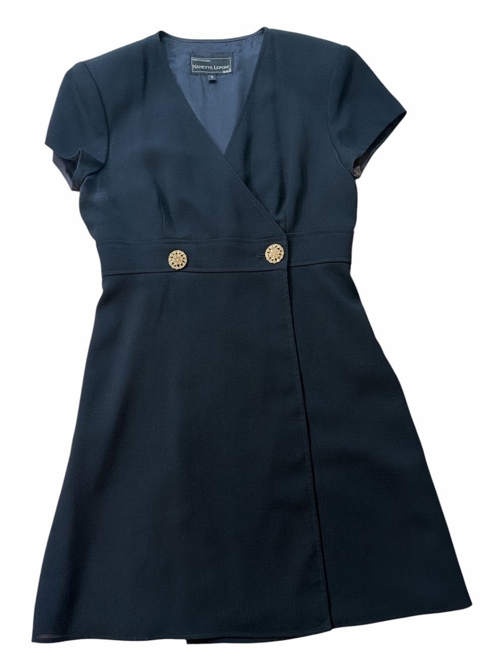 Nanette Lepore Black Short Sleeve Wrap Dress with Gold Buttons